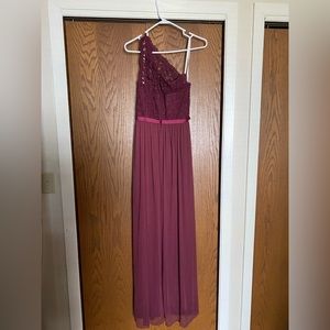 David’s Bridal one shoulder corded lace mesh bridesmaid dress in wine color.
